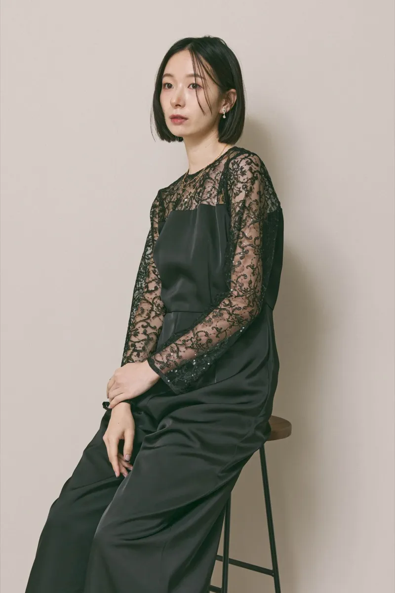 ブラックのシークインエンブロイダリーパンツドレス　S/kaene