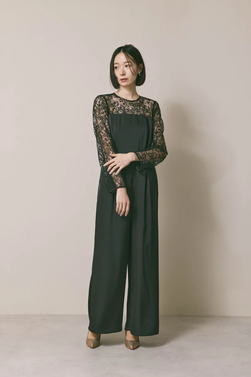 ブラックのシークインエンブロイダリーパンツドレス　S/kaene