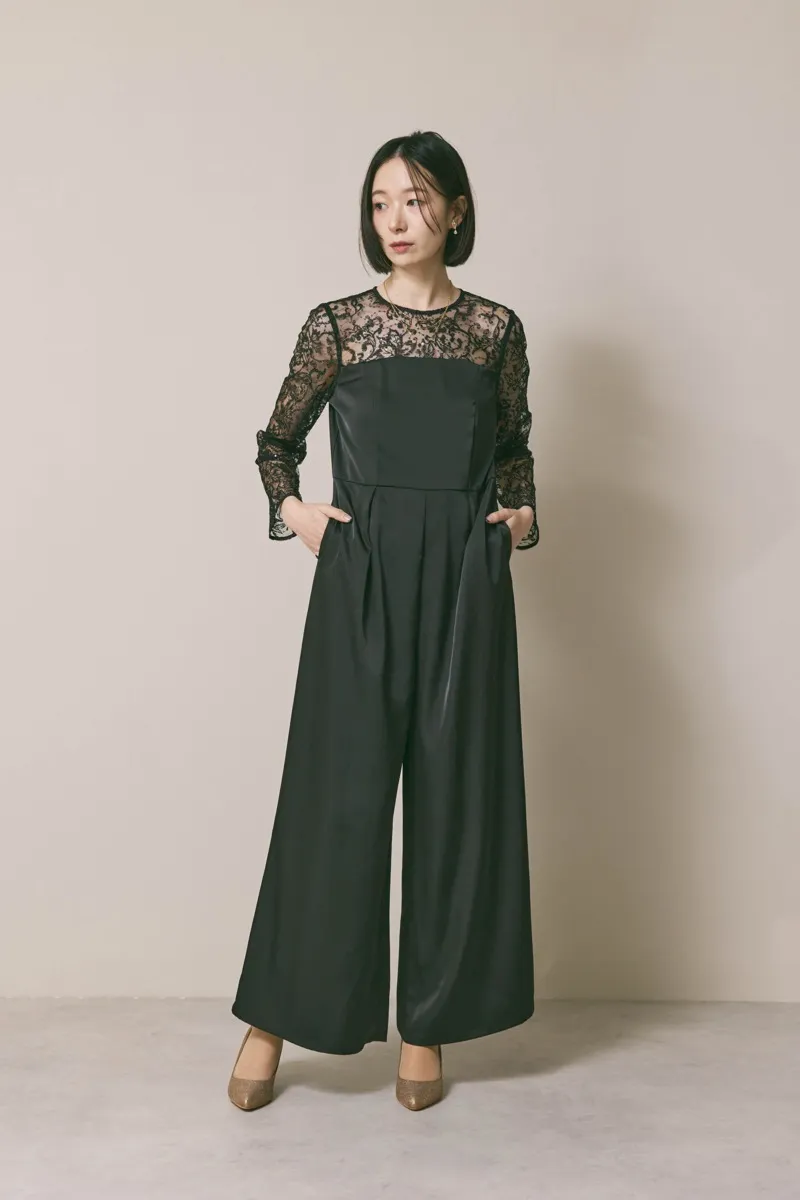 ブラックのシークインエンブロイダリーパンツドレス　S/kaene