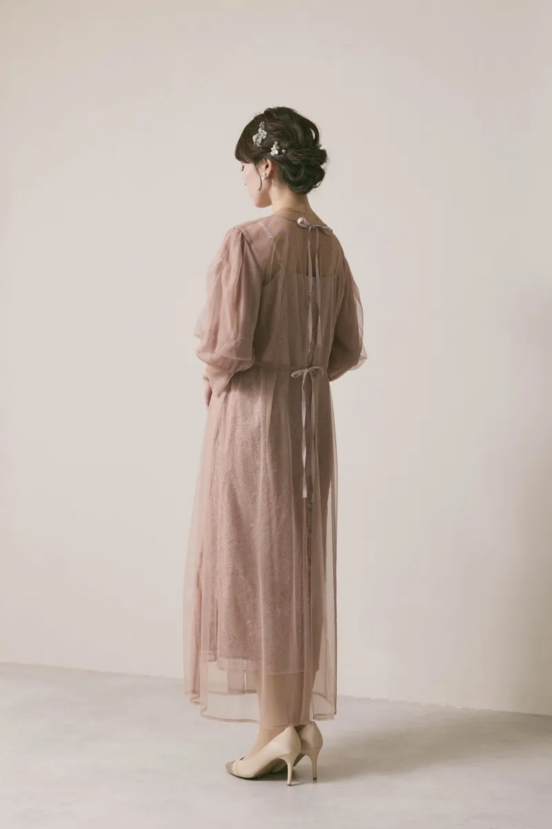 ピンクベージュのシアーエプロンレースドレス　S/kaene