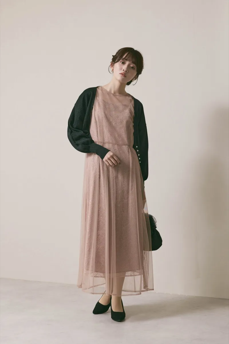 ピンクベージュのシアーエプロンレースドレス　S/kaene