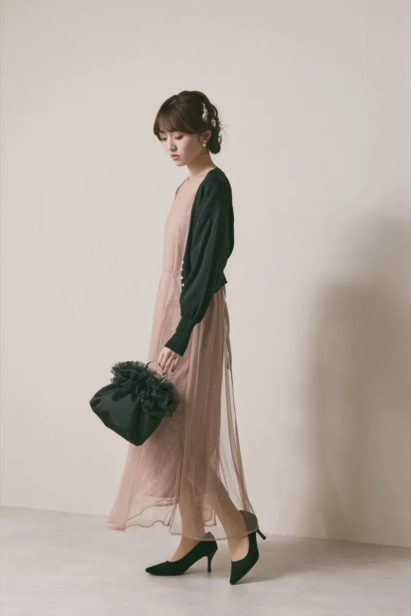 ピンクベージュのシアーエプロンレースドレス　S/kaene