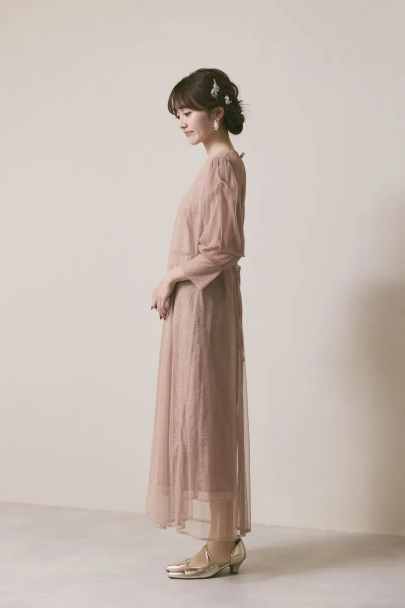 ピンクベージュのシアーエプロンレースドレス　S/kaene