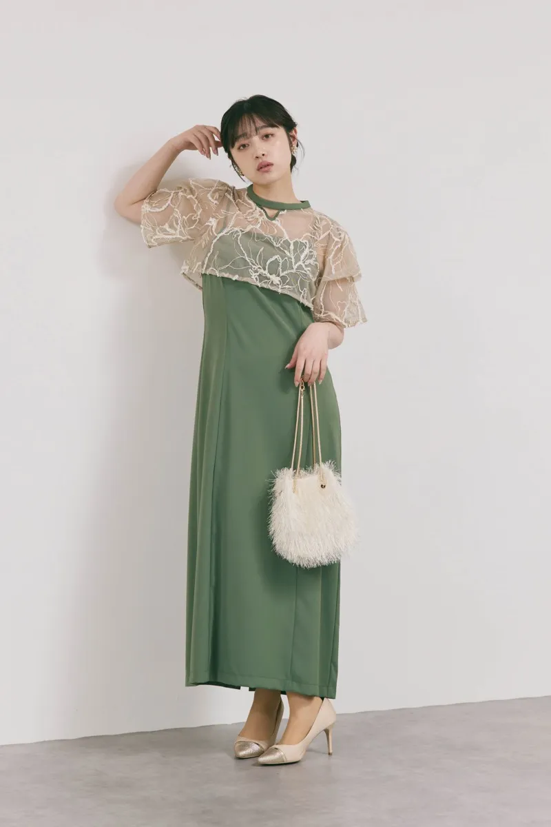 カーキのフラワーモール刺繍ドレス