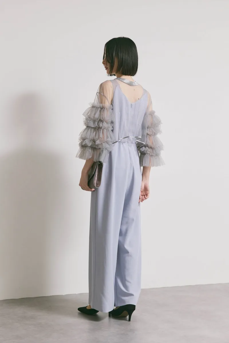 サックスブルーのラッフルトップスパンツドレス