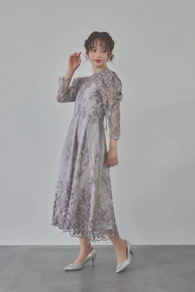 チャコールのボリュームスリーブ刺繍ドレス　LL/Select Shop