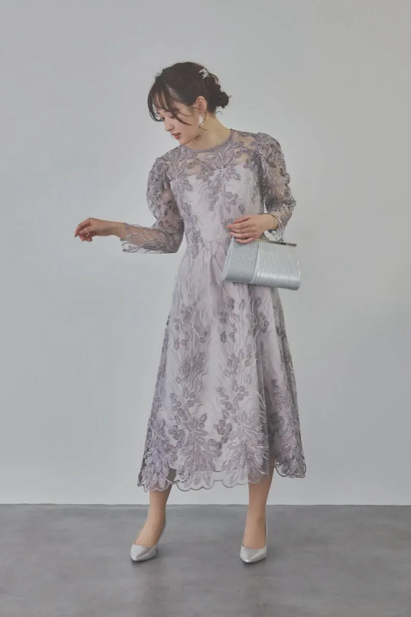 チャコールのボリュームスリーブ刺繍ドレス　LL/Select Shop
