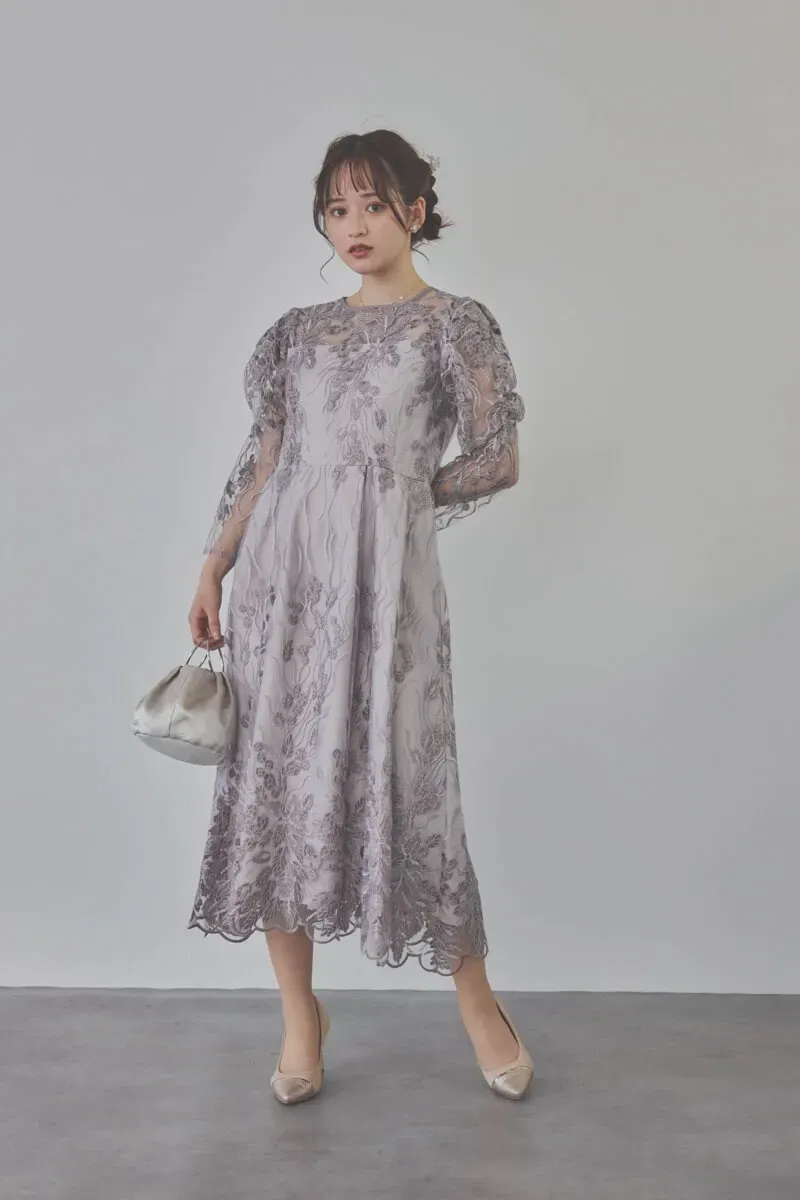 チャコールのボリュームスリーブ刺繍ドレス　LL/Select Shop