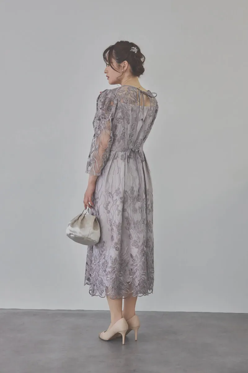 チャコールのボリュームスリーブ刺繍ドレス　LL/Select Shop