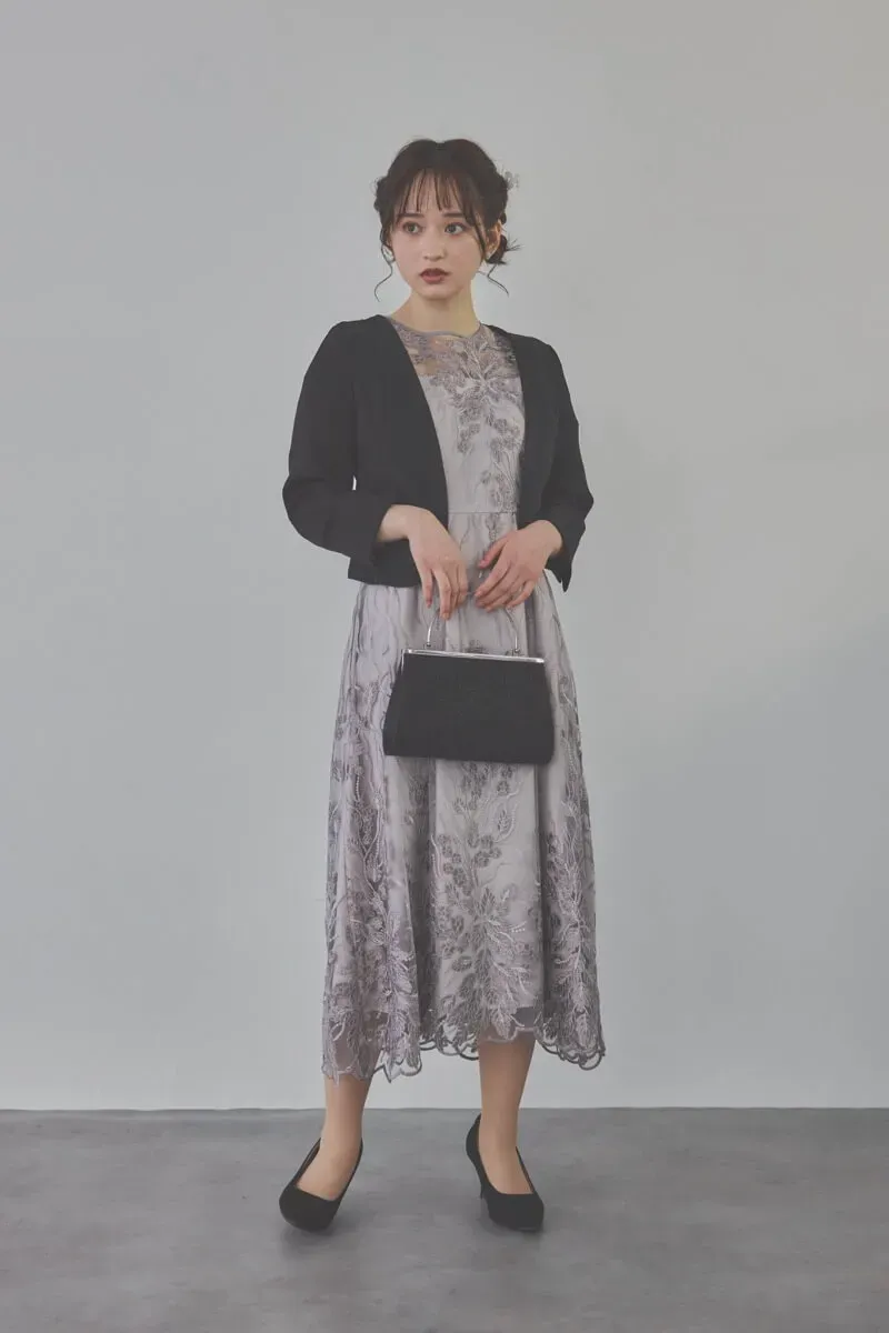 チャコールのボリュームスリーブ刺繍ドレス　LL/Select Shop