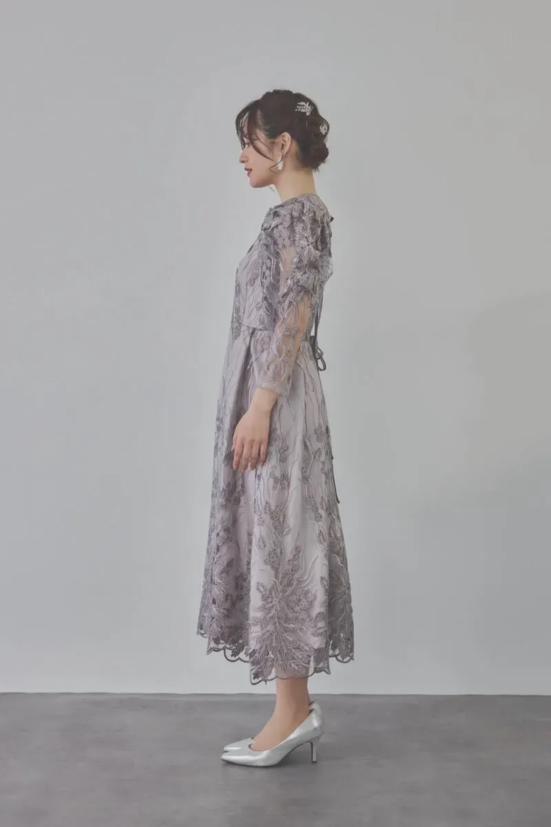 チャコールのボリュームスリーブ刺繍ドレス　LL/Select Shop