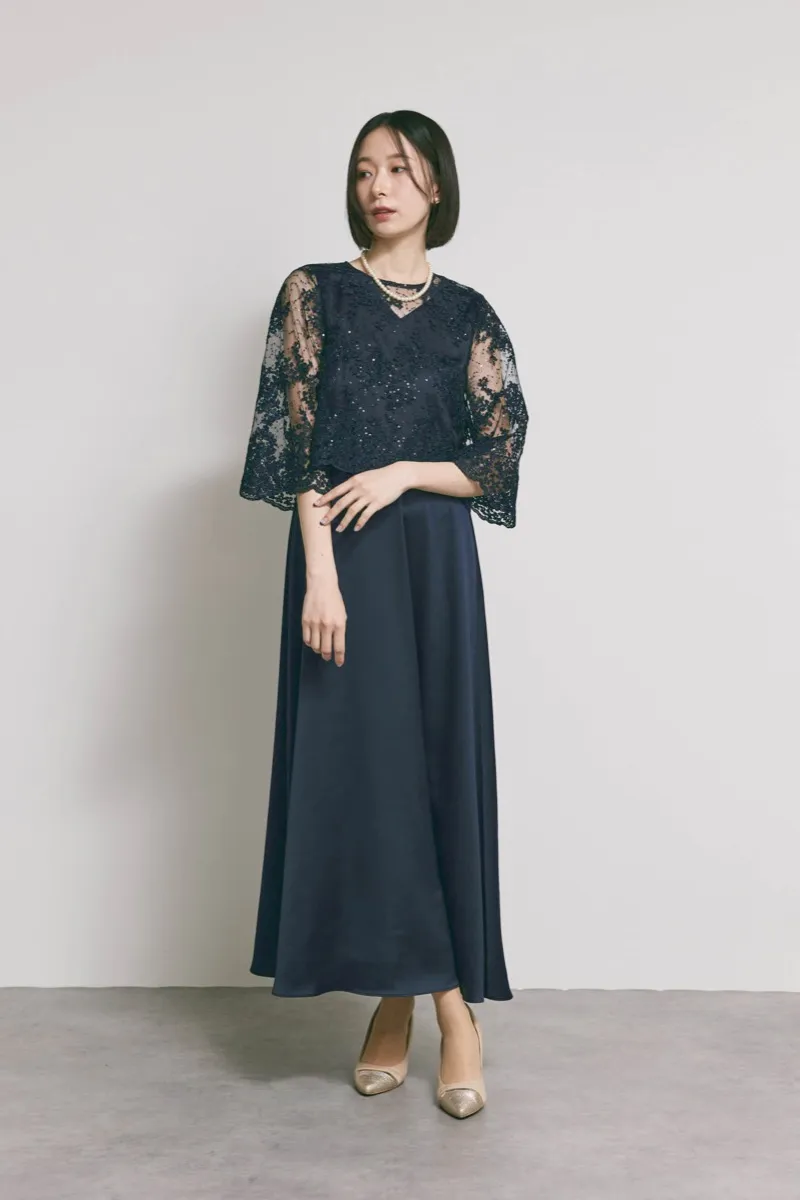 ネイビーのシャイニーレースレイヤードドレス　L/eneak [店頭販売価格 49,500円 ]