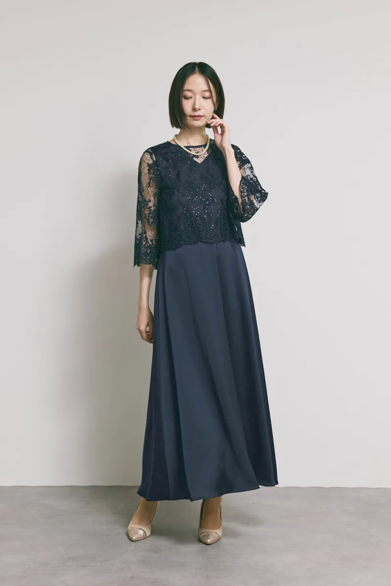 ネイビーのシャイニーレースレイヤードドレス　L/eneak [店頭販売価格 49,500円 ]