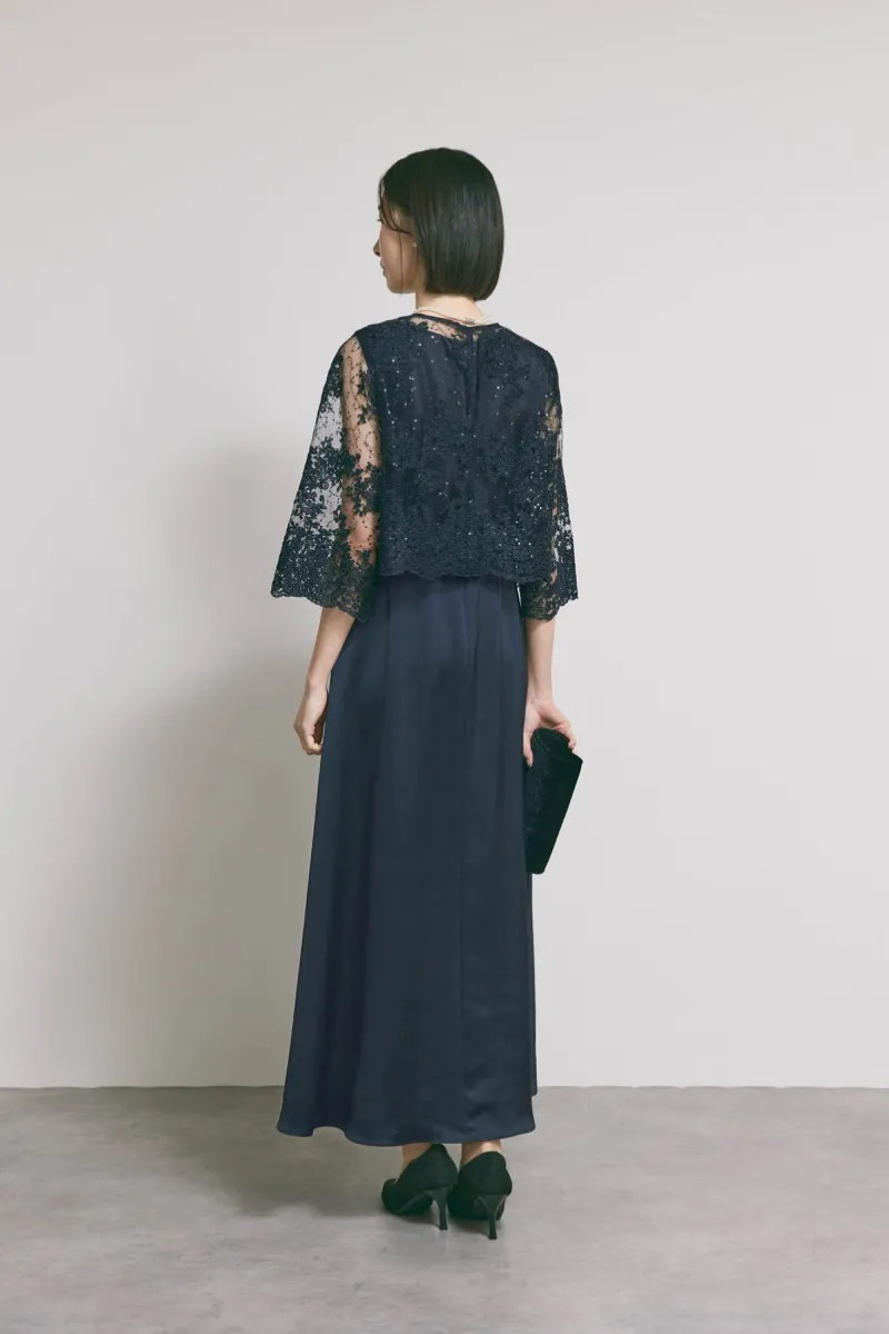ネイビーのシャイニーレースレイヤードドレス　L/eneak [店頭販売価格 49,500円 ]