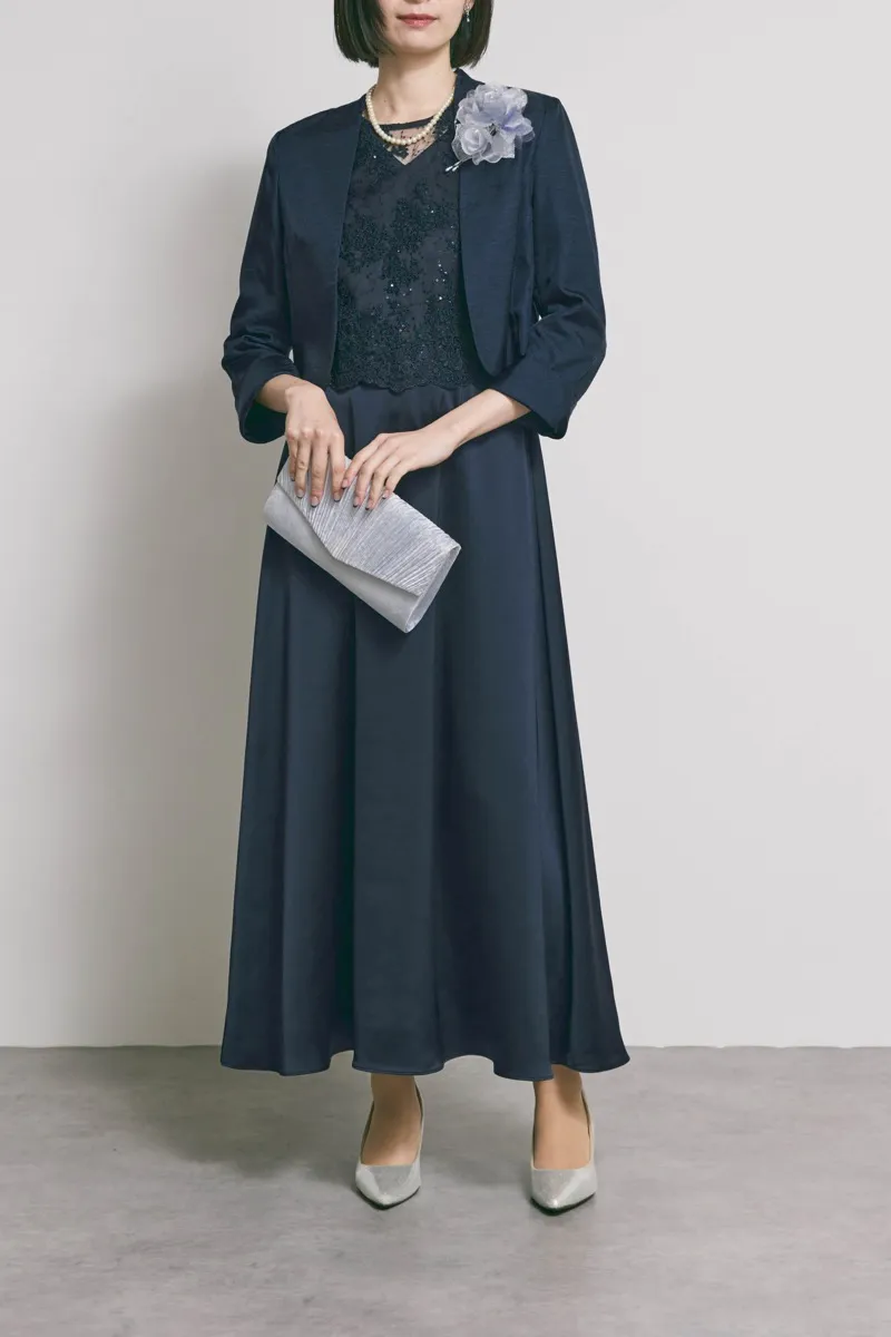 ネイビーのシャイニーレースレイヤードドレス　L/eneak [店頭販売価格 49,500円 ]