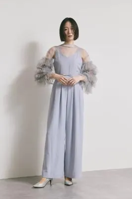 サックスブルーのラッフルトップスパンツドレス　M/Ameri VINTAGE