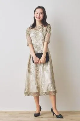 グリーンのエンブロイダリーチュールドレス　L/Select Shop