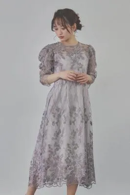チャコールのボリュームスリーブ刺繍ドレス　LL/Select Shop
