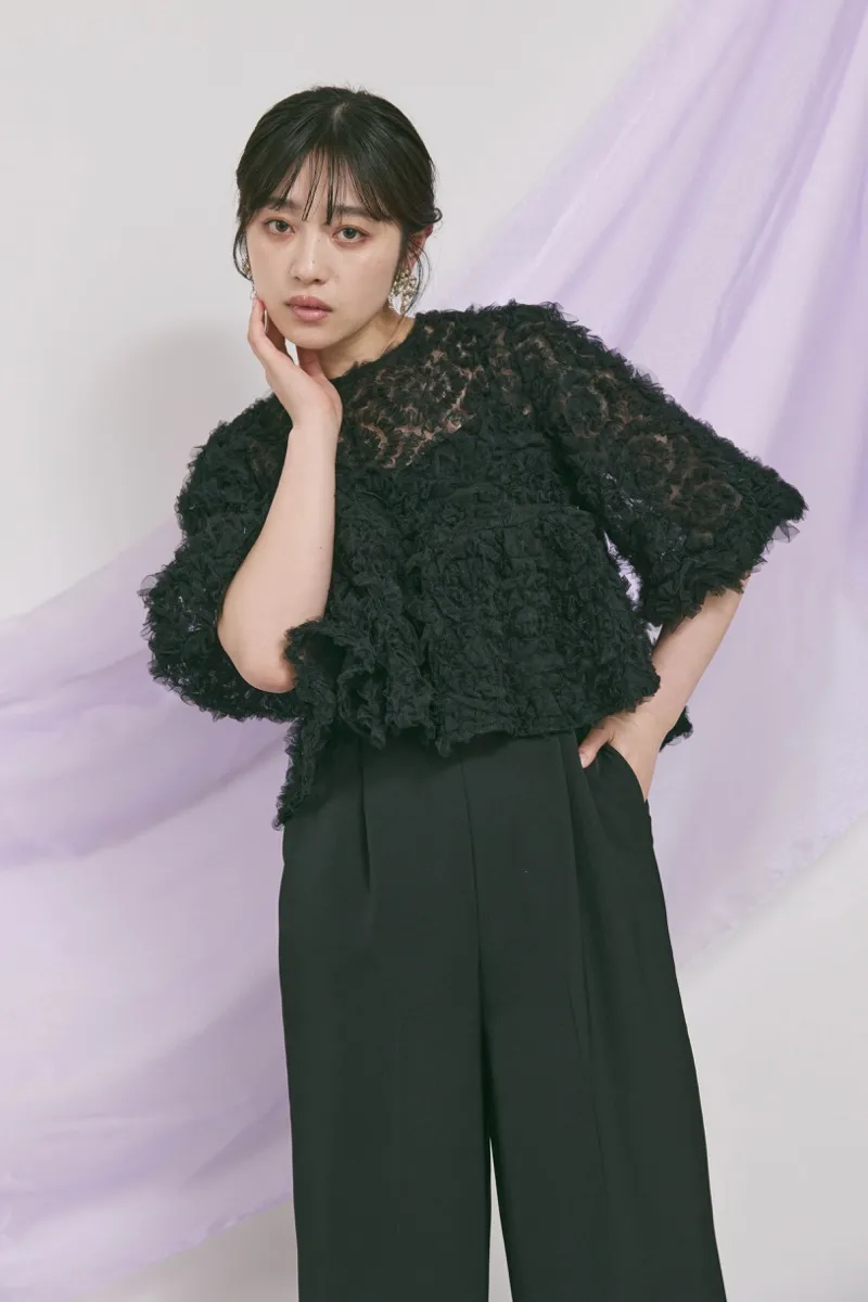 ブラックのペタルテクスチャーパンツドレス　M/Select Shop