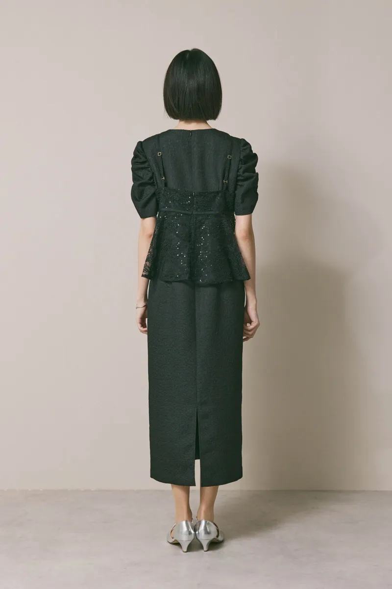 ブラックのスパンコールレースビスチェドレス