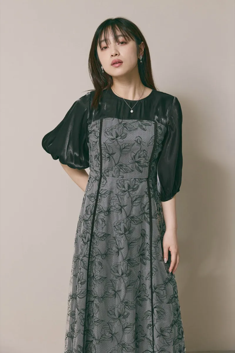 ブラックのパイピングレース切替ドレス　M/kaene