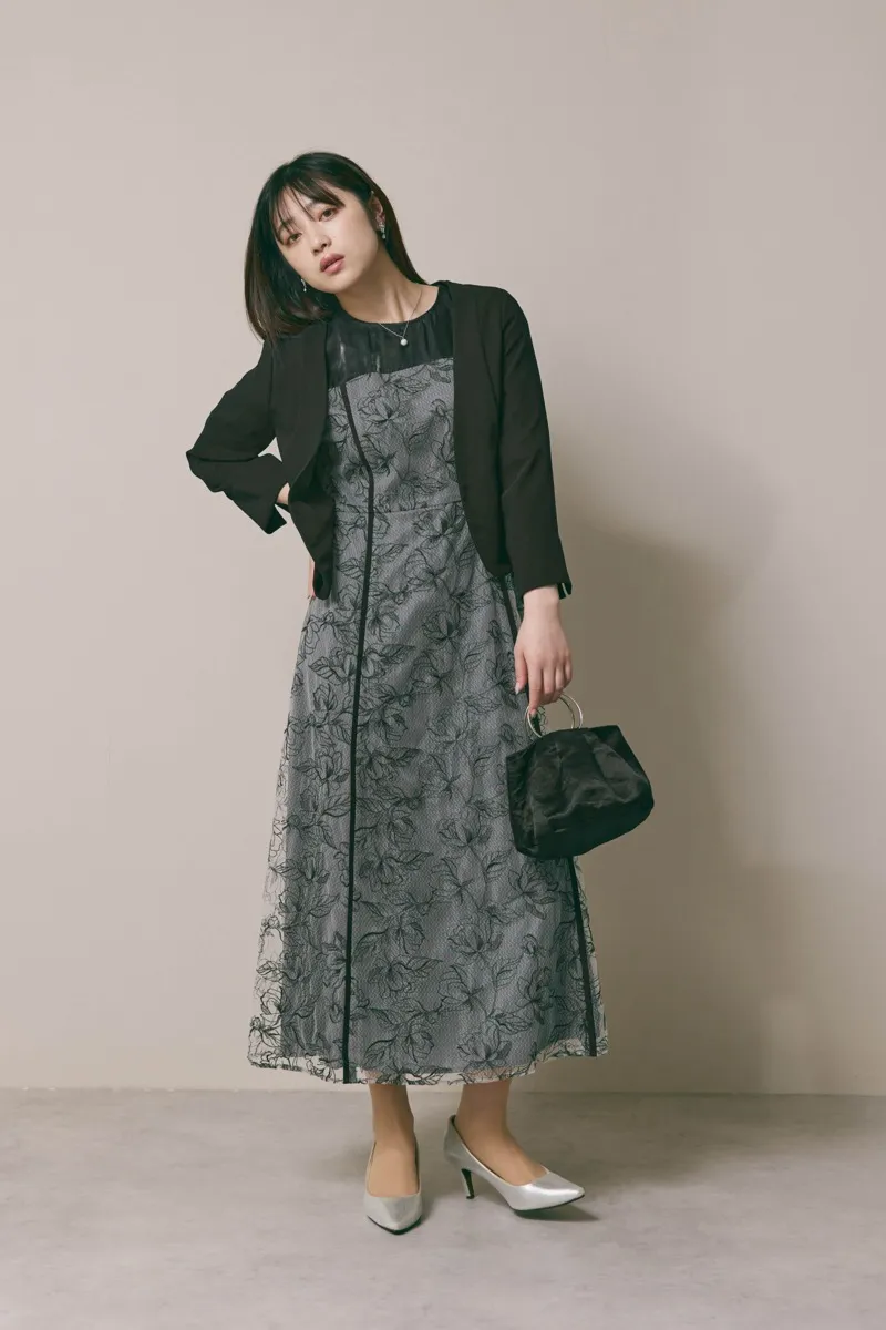 ブラックのパイピングレース切替ドレス　M/kaene