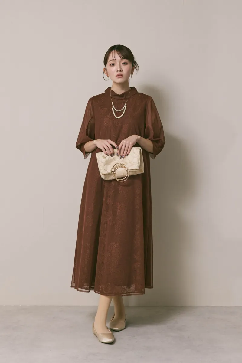 ブラウンのチュールレースAラインドレス　M/kaene