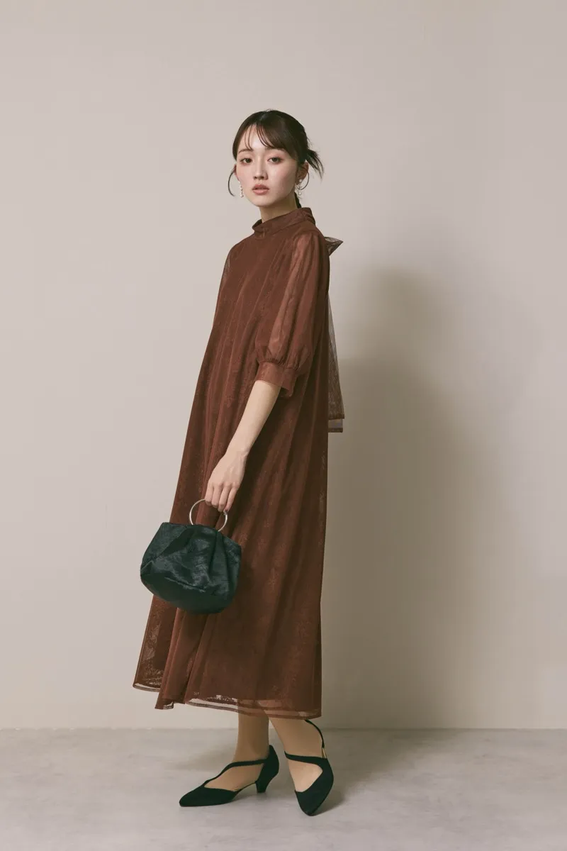 ブラウンのチュールレースAラインドレス　M/kaene