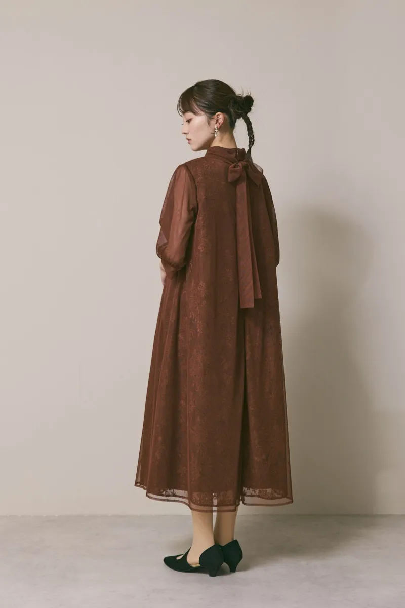 ブラウンのチュールレースAラインドレス　M/kaene