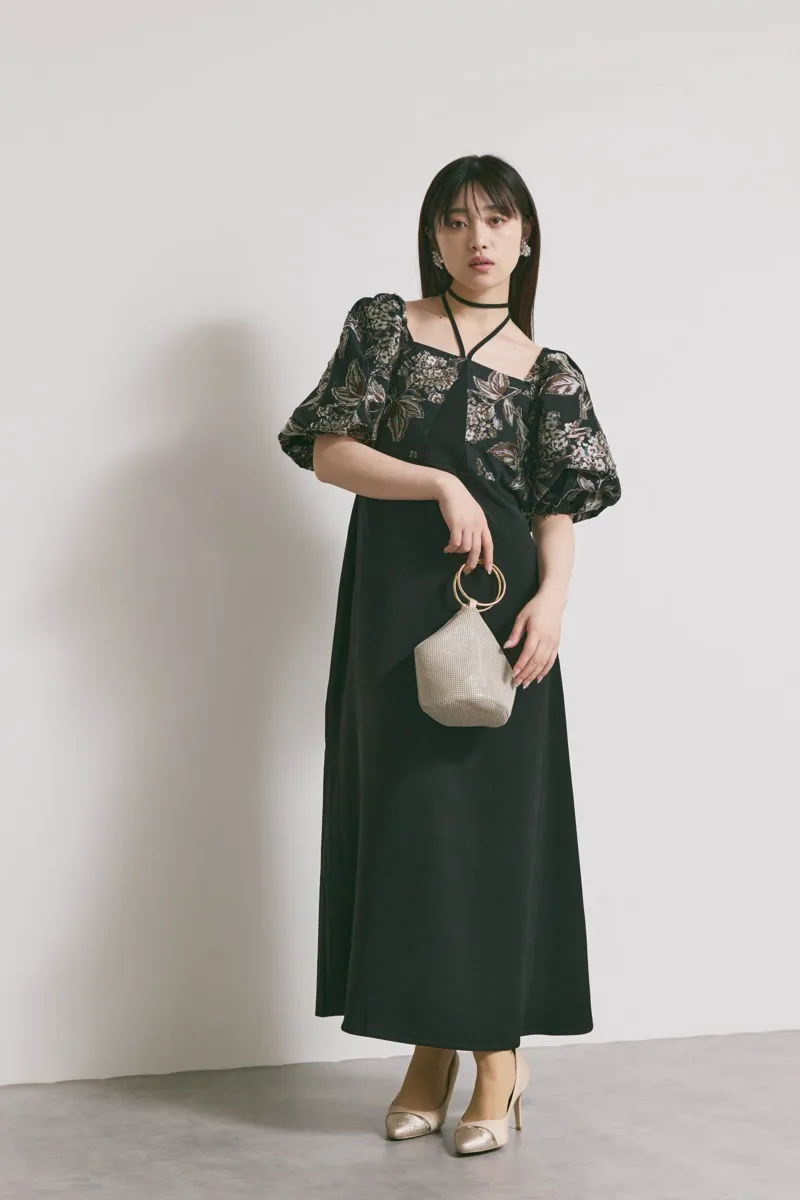 ブラックのスイッチングジャガードドレス