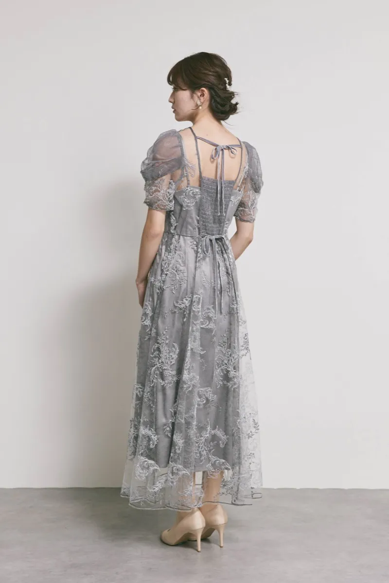 グレーのコードフラワレースドレス