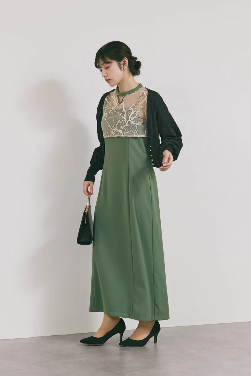 カーキのフラワーモール刺繍ドレス