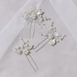 シルバーのクリスタルリーフヘアピン(3本セット)