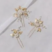 ゴールドのクリスタルリーフヘアピン(3本セット)