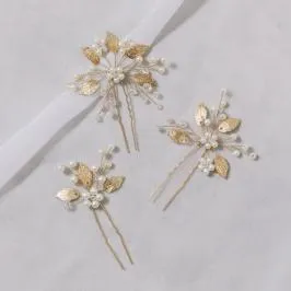 ゴールドのクリスタルリーフヘアピン(3本セット)