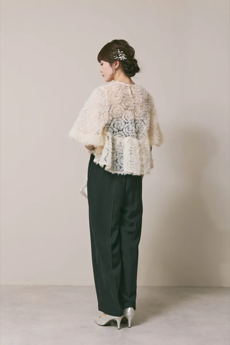 ホワイト✕ブラックのペタルテクスチャーパンツドレス　M/Select Shop