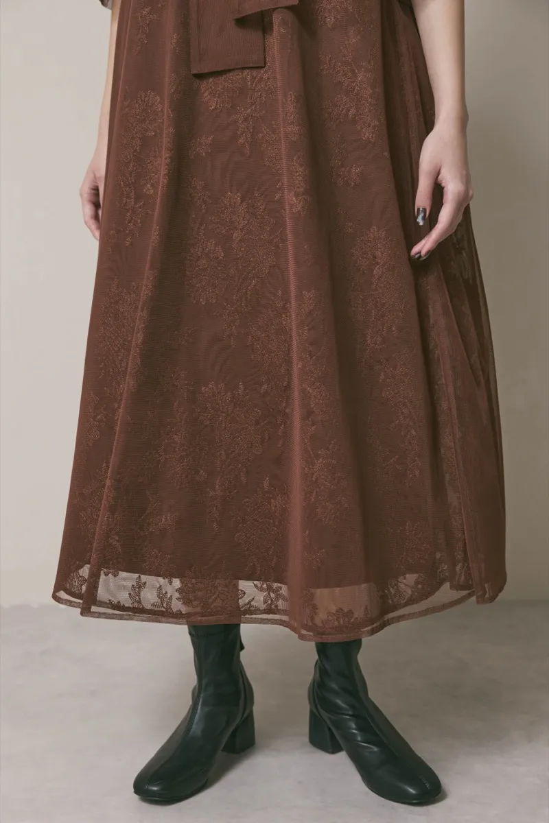 ブラウンのチュールレースAラインドレス　M/kaene