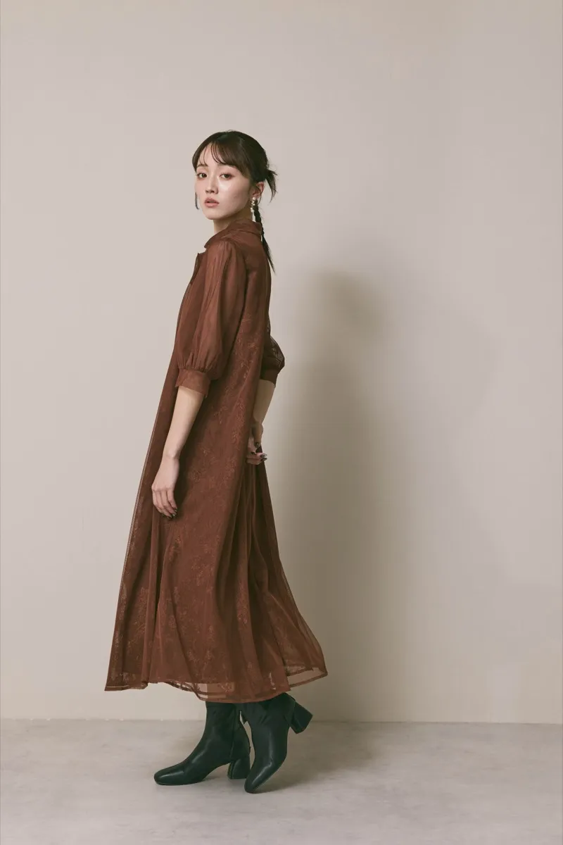 ブラウンのチュールレースAラインドレス　M/kaene